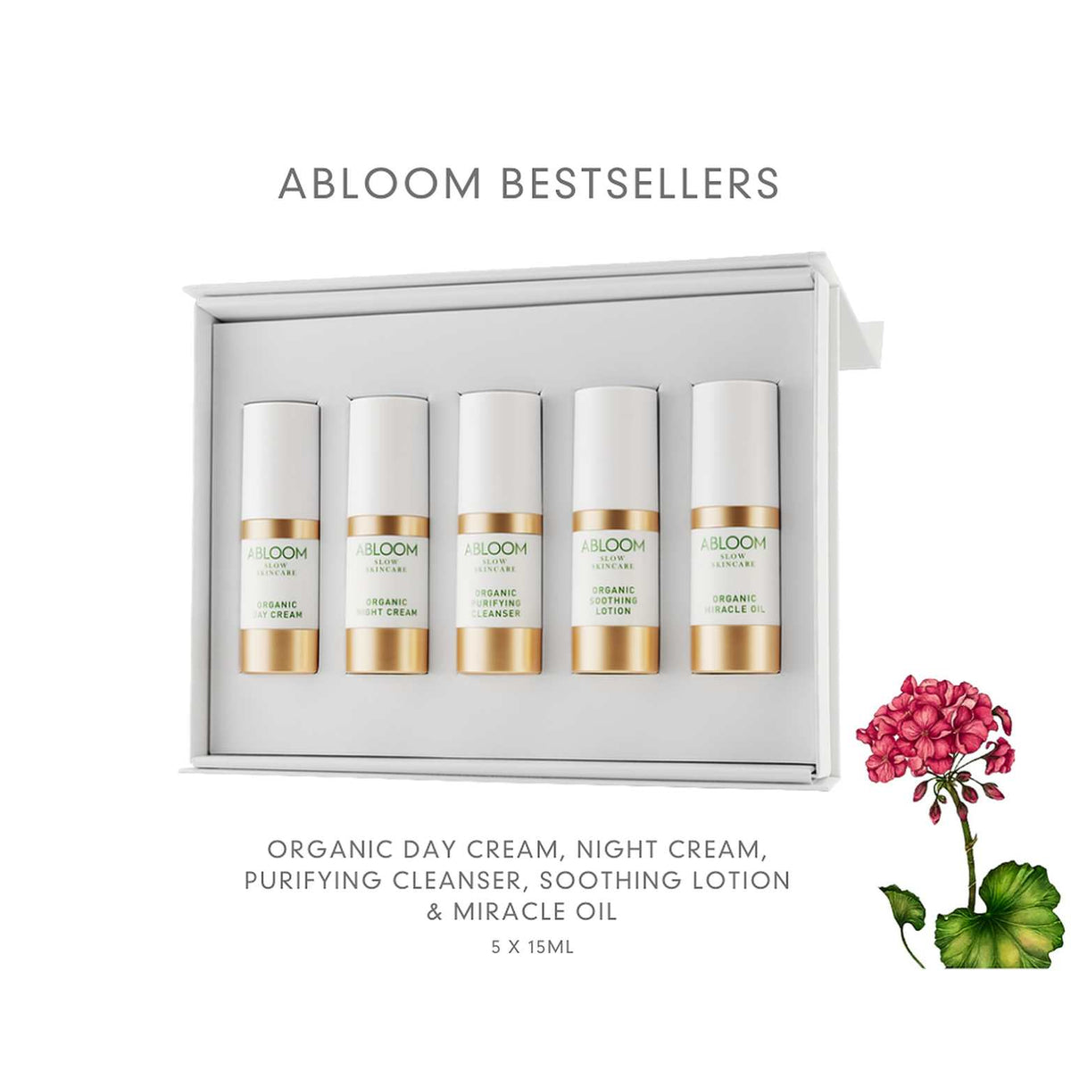Abloom Essential Set- Bestsellers Cleanser, Soothling Lotion, Miracle OIl, Day & Night Cream - 15 ml